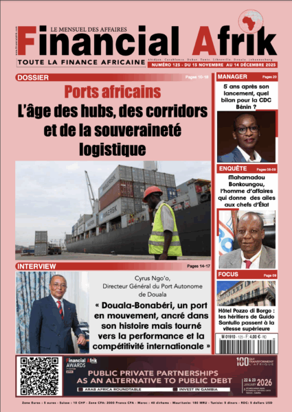 Au Sommaire du Magazine Financial Afrik numéro 125 : Ports africains, l’art de faire attendre les marchandises et faire payer le retard. Interview du DG du Port Autonome de Douala. Les ports les plus performants en termes de transit time et de digitalisation. Enquête sur les réseaux aériens de Mahamadou Bonkoungou, fondateur d’Ebomaf…
